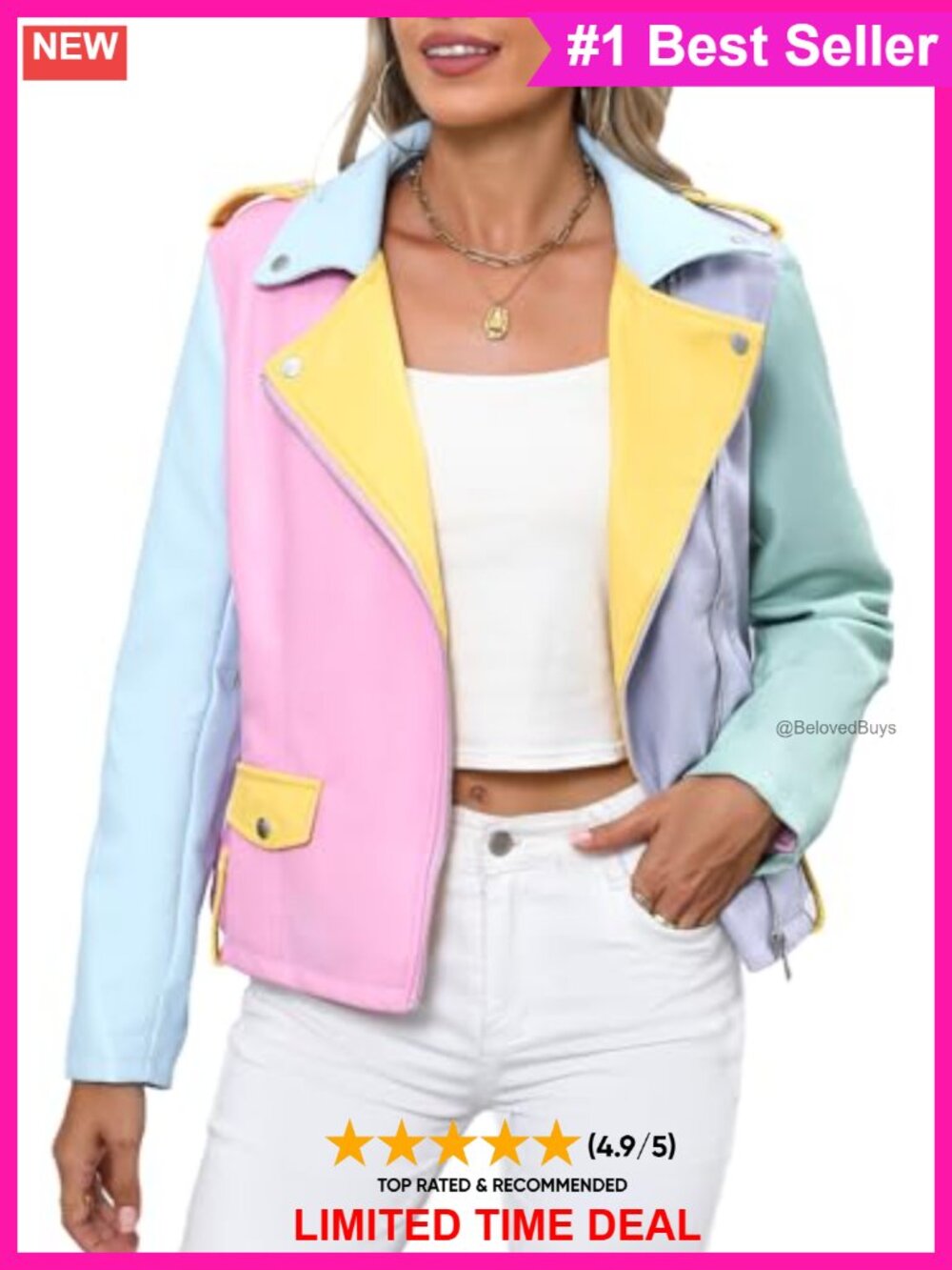 Faux Leather Moto Zip Up Jacket Color-Block Cropped Belted